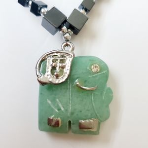 Cute Jadeite Elephant Pendant Necklace Silver Accents Gun Metal Beaded Strand
